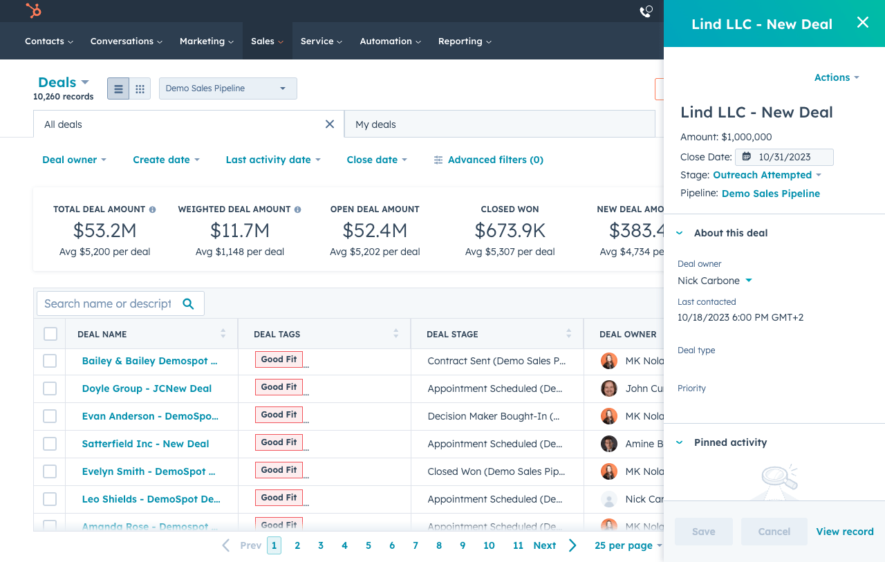 Sales Hub user interface showing a deal list, including tags, stage, owner, and dollar amounts